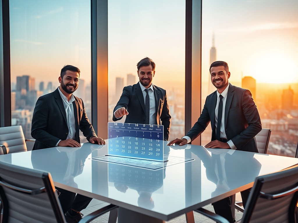 A diverse team of three professionals in a modern glass boardroom with floor-to-ceiling windows overlooking a city skyline at golden hour, sunlight streaming in, one person pointing at a holographic calendar on the table, minimalist interior with sleek white tables and ergonomic chairs, photorealistic, 8k, commercial photography style