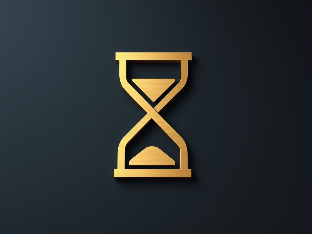 A clean geometric logo mark combining an hourglass and a checkmark, rendered in brushed gold on a dark slate background, 3D shading, photorealistic, 8k, commercial product photography