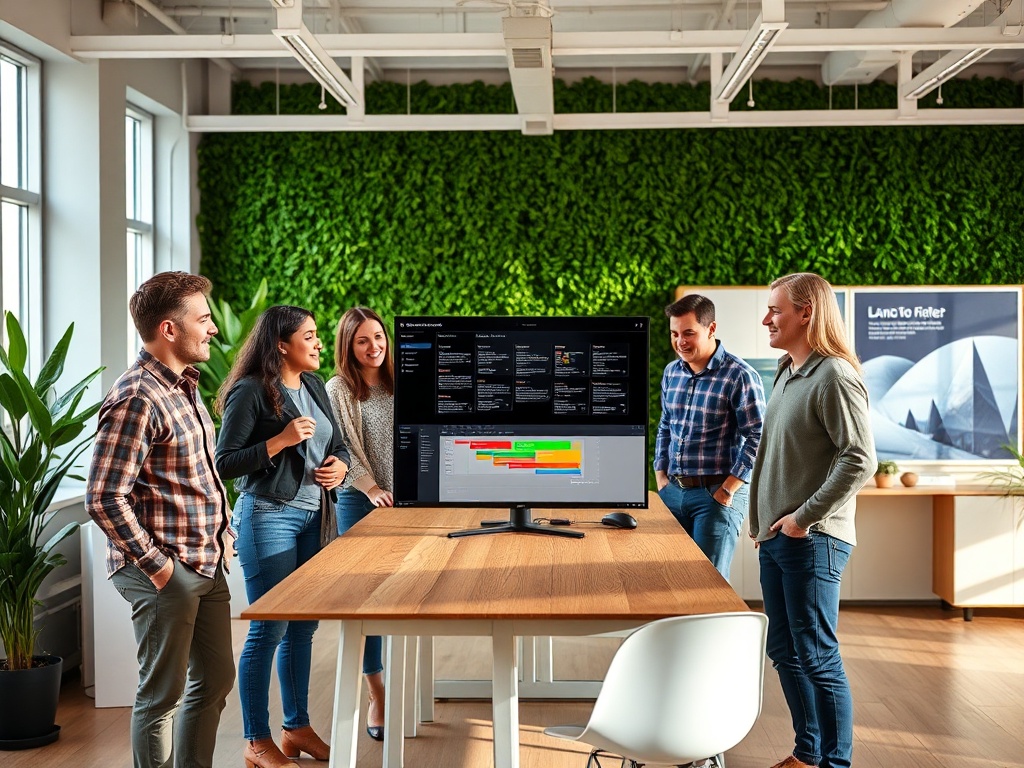 A diverse team of five individuals standing around a high-top table in a bright open-plan office with greenery walls, laughing and reviewing a project timeline on a large monitor, casual yet focused atmosphere, natural light, high-end commercial photography, 8k
